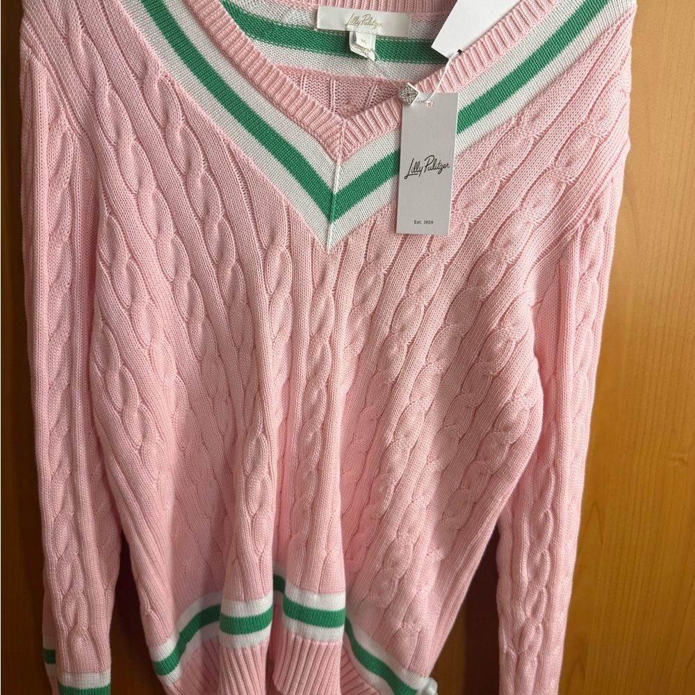 Lilly Pulitzer Pink V-Neck Sweater with Green Stripes
